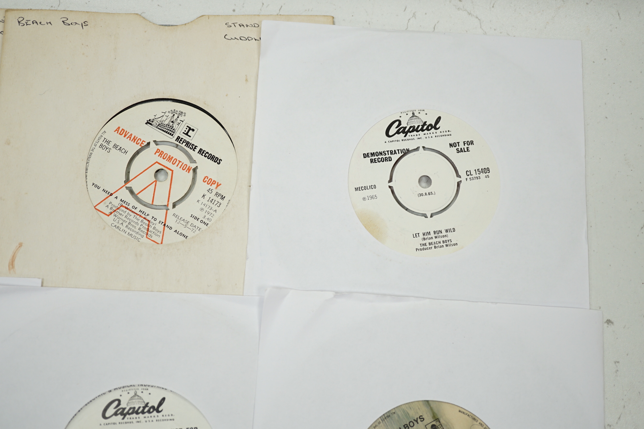 Seven The Beach Boys 7” demonstration singles on Capitol and Cowboy Records labels, all with printed demo labels, four with printed release dates